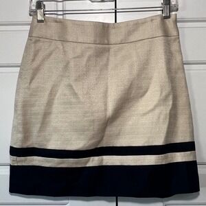 Ann Taylor LOFT Beige Textured Linen A Line Mini Skirt Navy Stripe Detail‎ 0 NWT